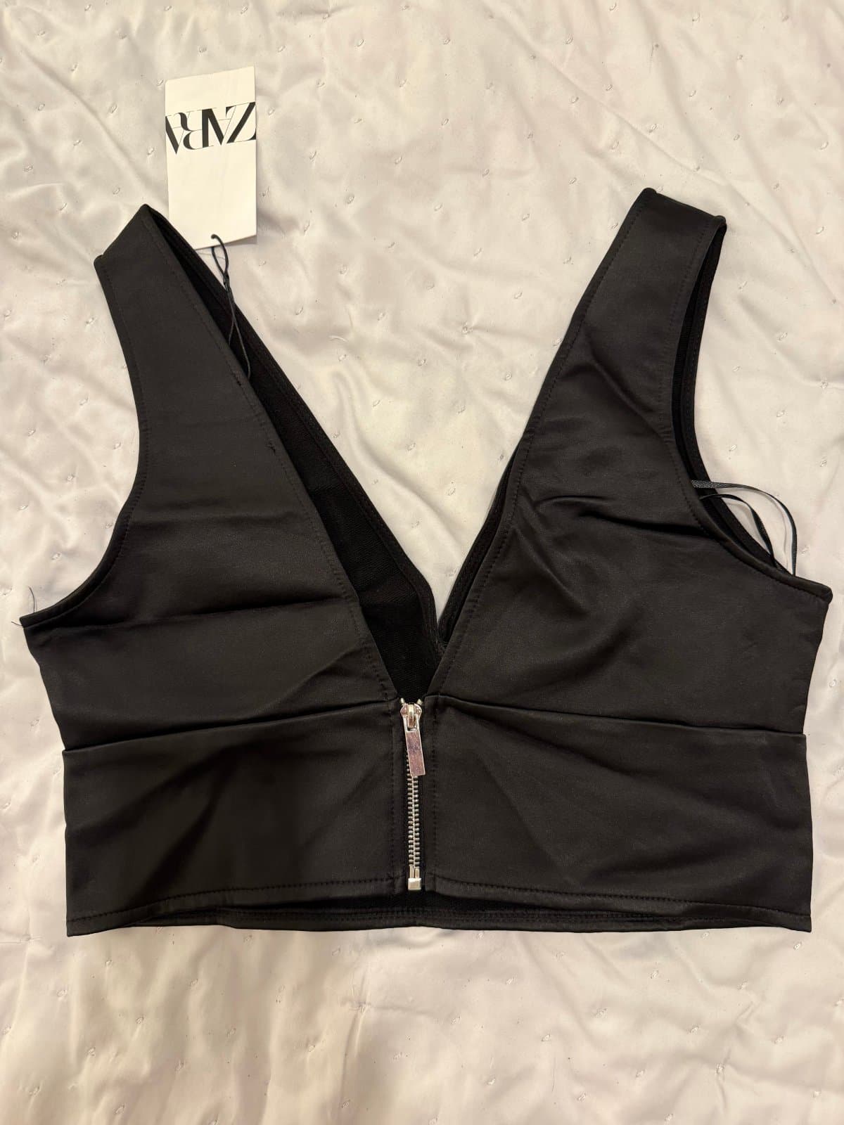 Zara Black Satin Plunge Crop Top – Size L – New With Tags thumbnail 2