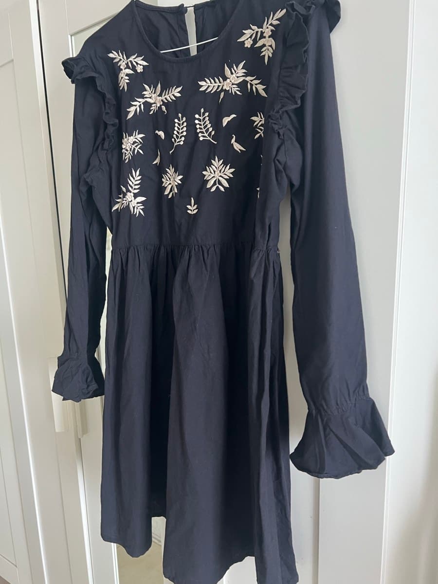 Black Embroidered Ruffle Dress