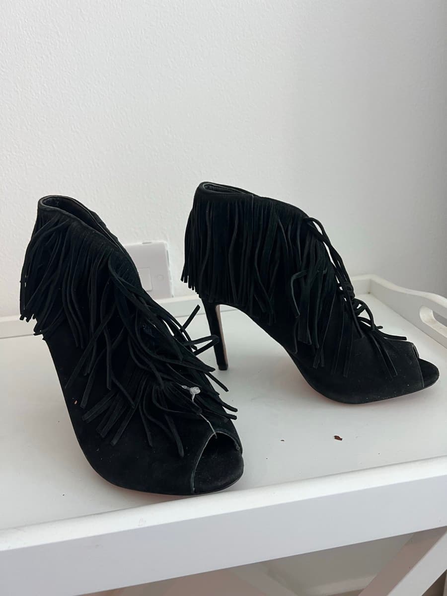 Black Suede Fringe Peep-Toe Booties thumbnail 2
