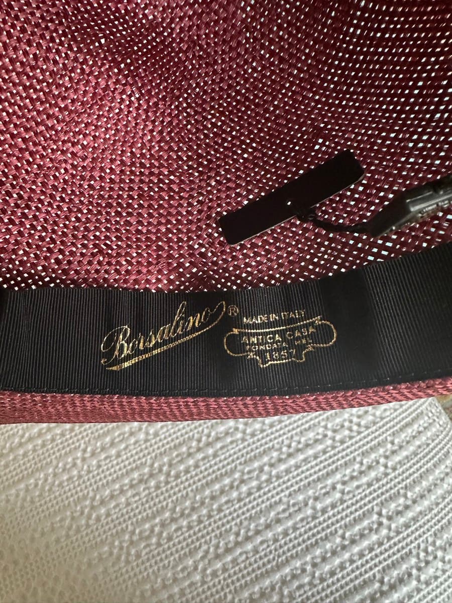 Borsalino Burgundy Panama Straw Fedora Hat – Size L thumbnail 2