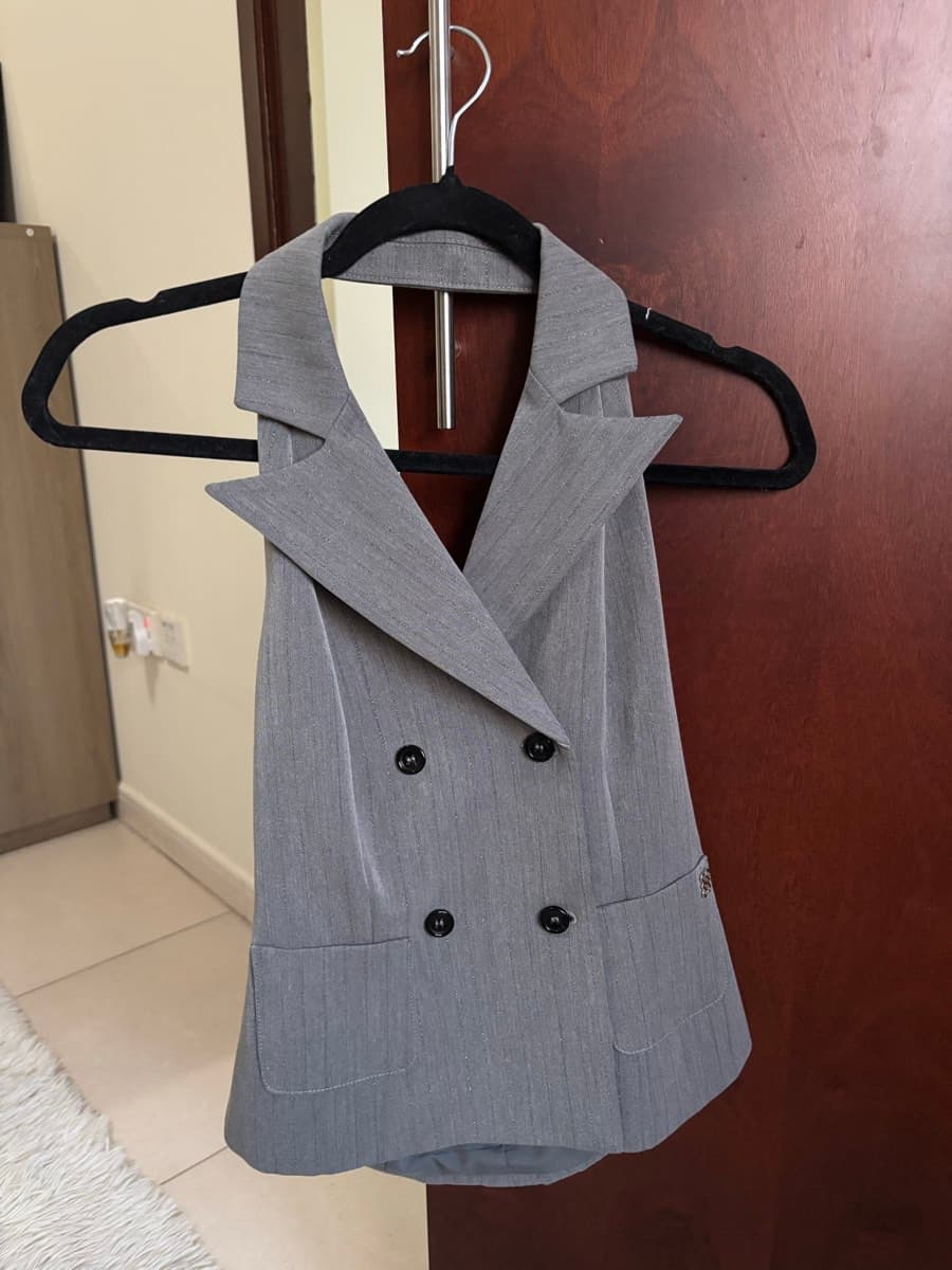 Grey Halterneck Double-Breasted Vest