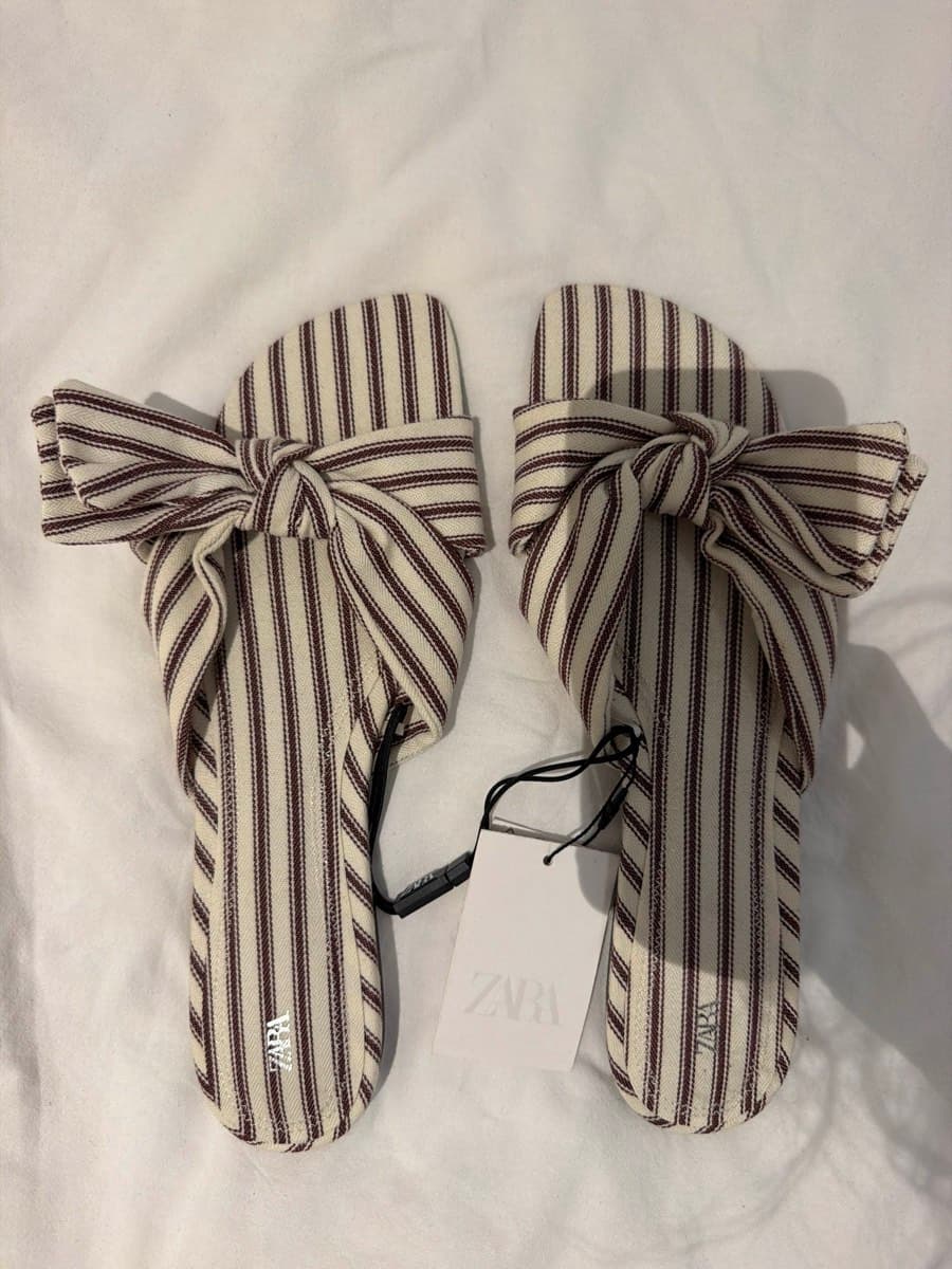 Zara Striped Bow Flat Sandals
