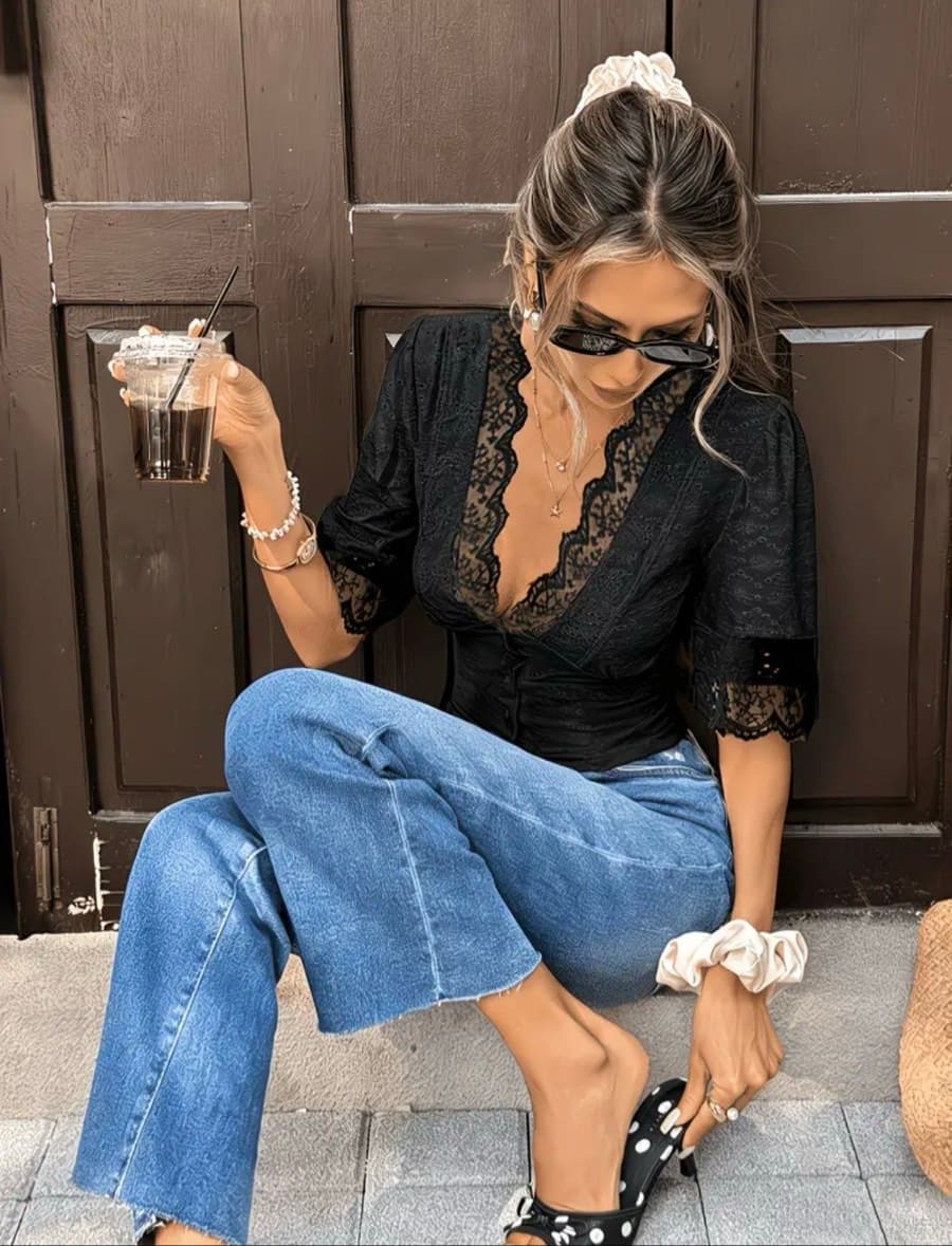 Black Lace Eyelet Blouse thumbnail 4