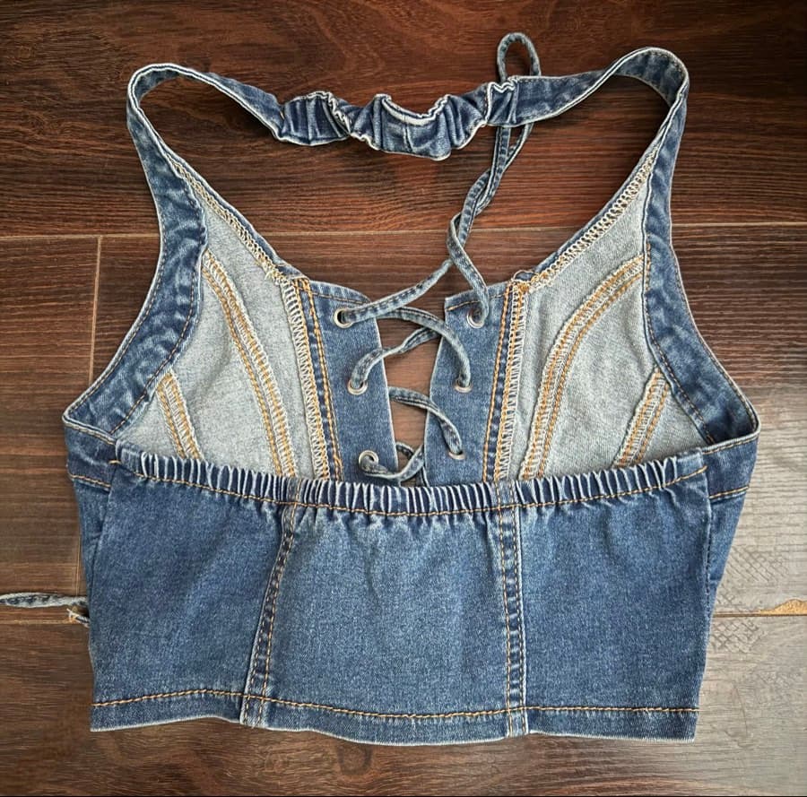 Denim Lace-Up Halter Neck Corset Top Ovetlr Top thumbnail 2