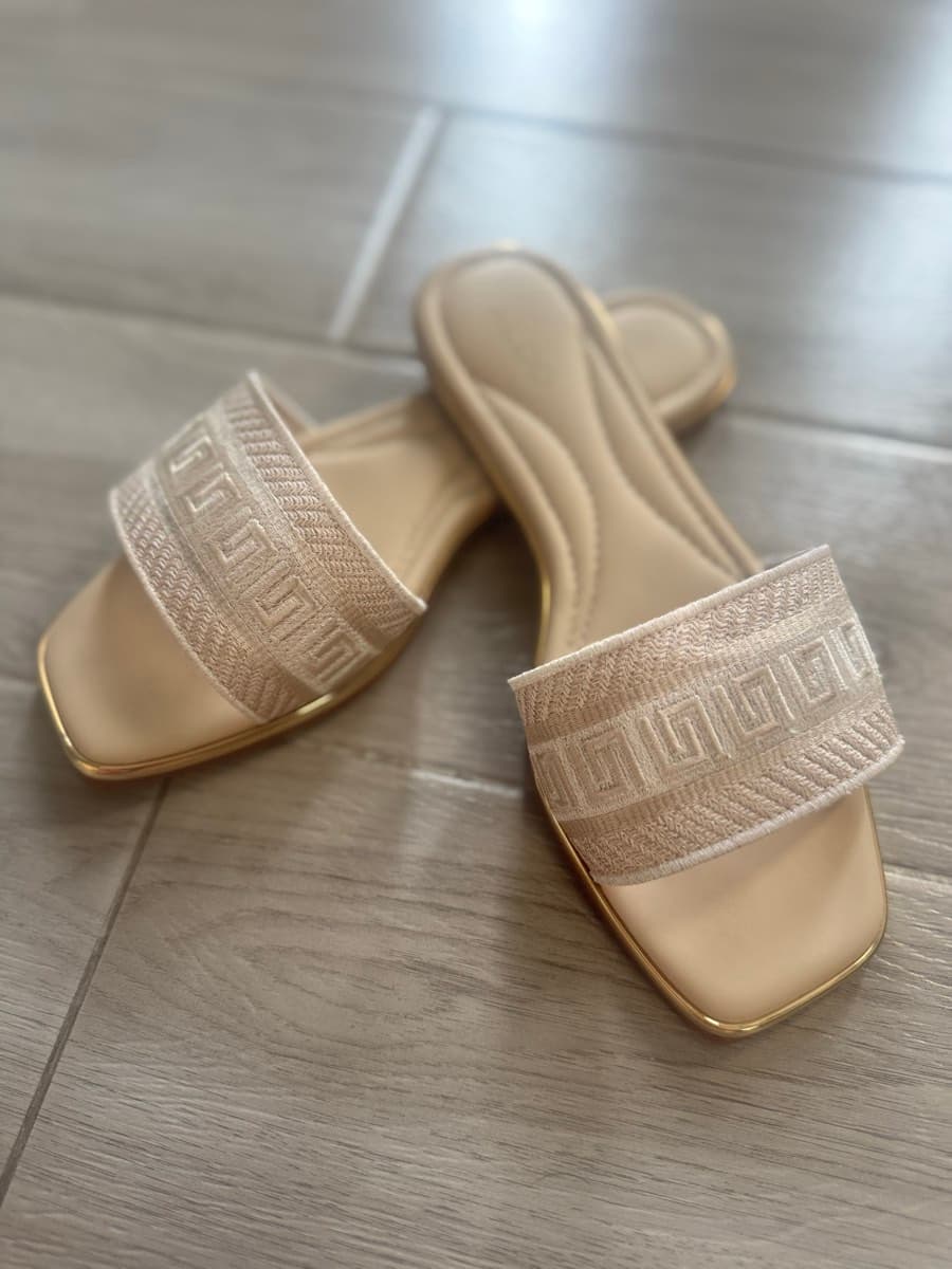 Beige Embroidered Flat Sandals