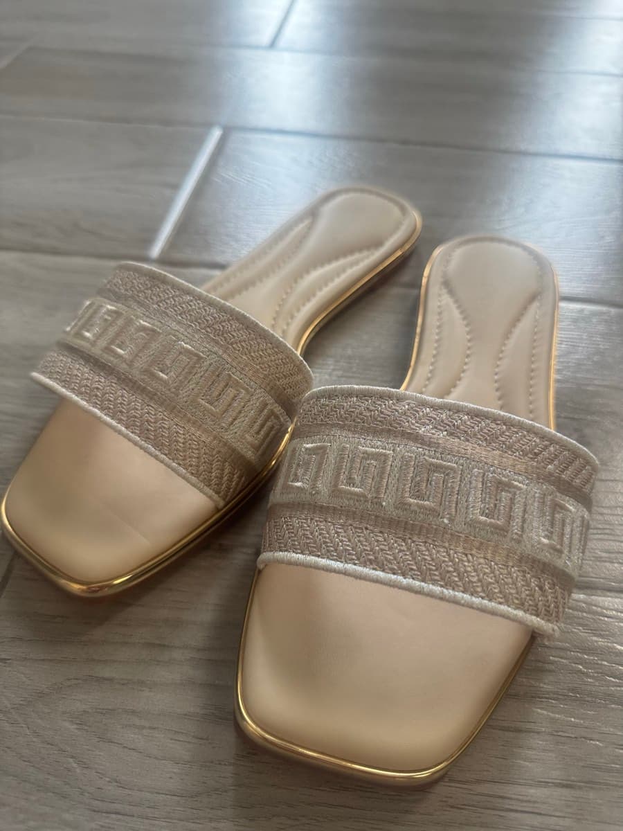 Beige Embroidered Flat Sandals thumbnail 2