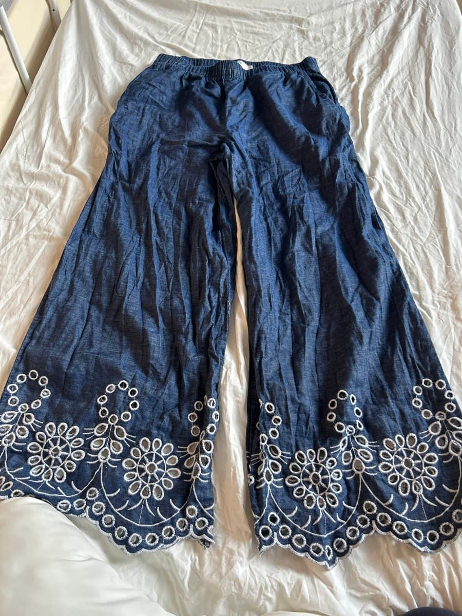 Blue Embroidered Wide-Leg Trousers