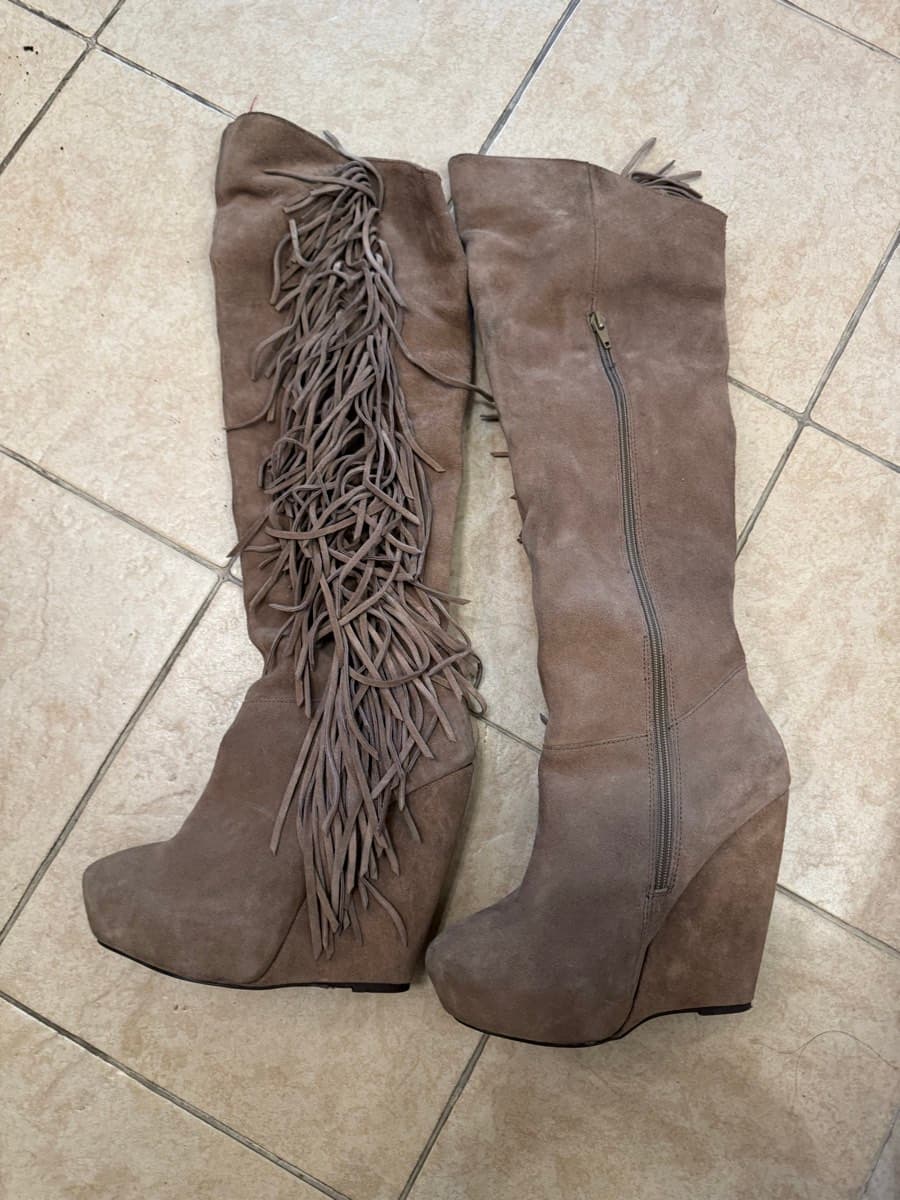 Suede Fringe Wedge Boots - image 1