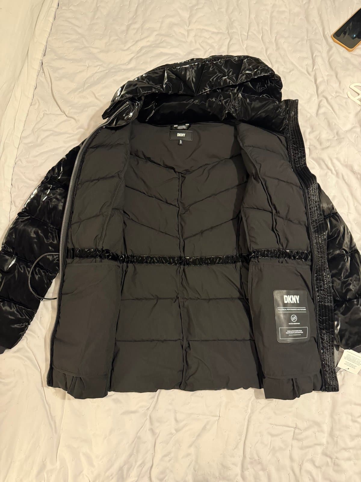 DKNY Black High-Shine Hooded Puffer Coat – Water Resistant – XL thumbnail 2