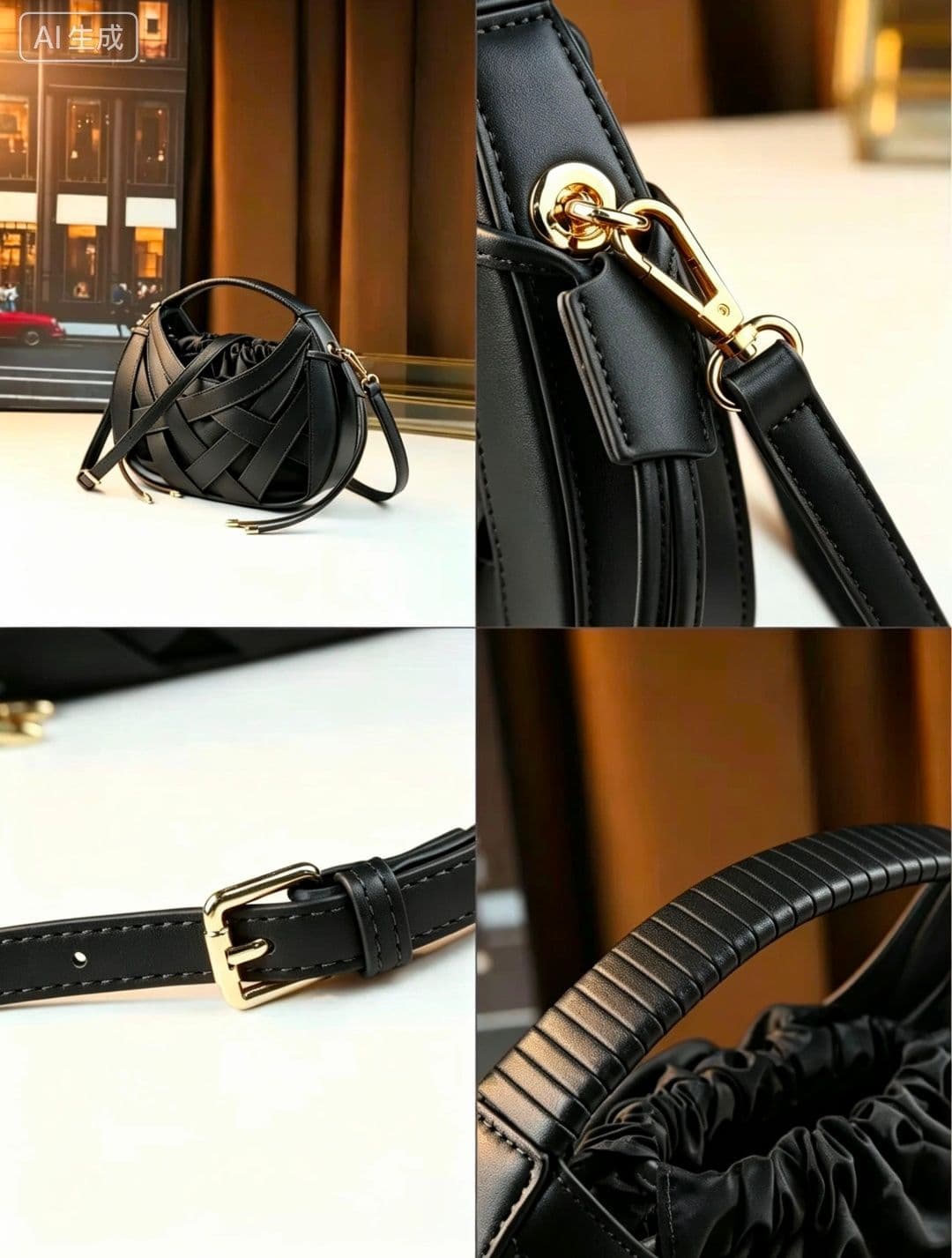 Black Woven Leather Crossbody Handbag with Top Handle thumbnail 2