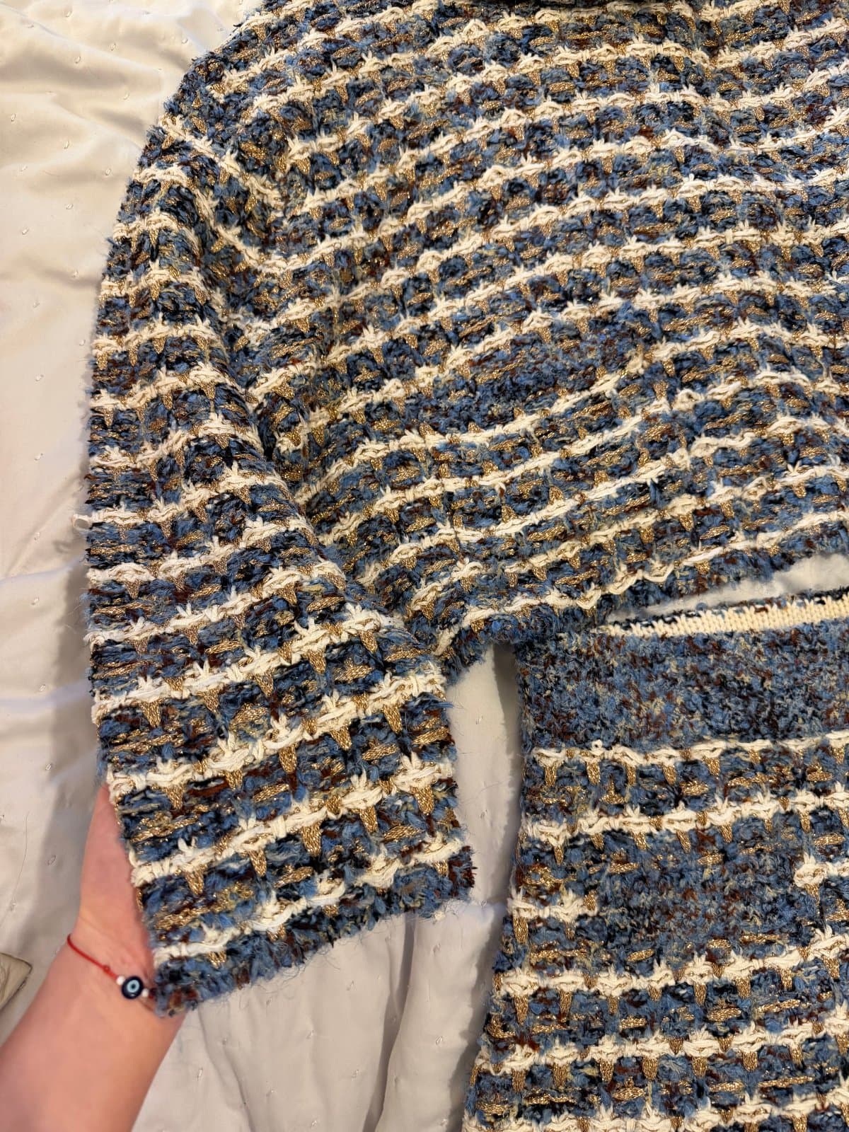 Zara Blue & Gold Textured Knit Co-Ord – Hoodie & Midi Skirt ✨💙 thumbnail 4