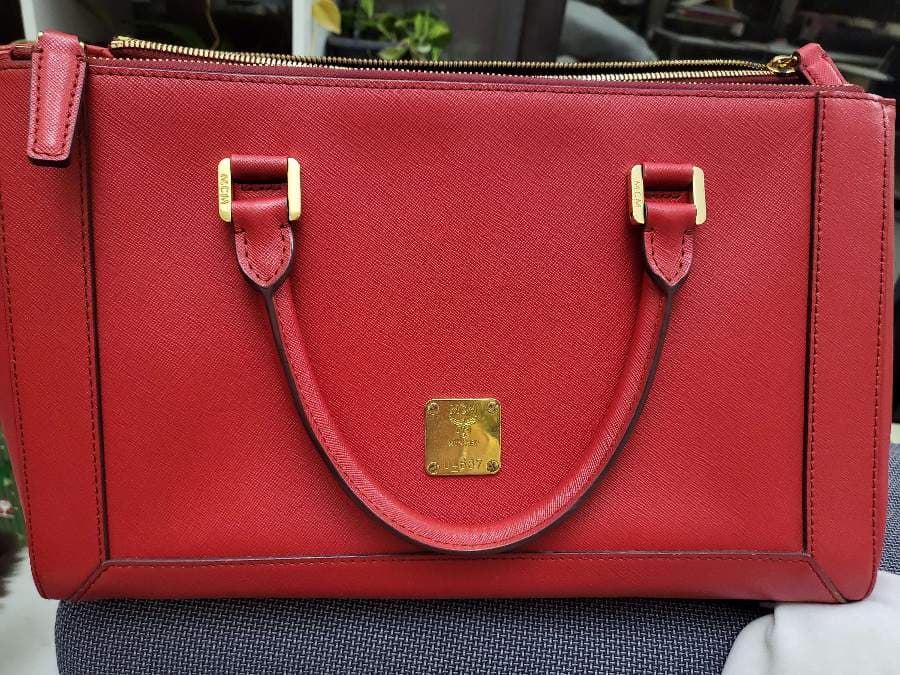 MCM Red Leather Satchel and Wallet Combo thumbnail 5