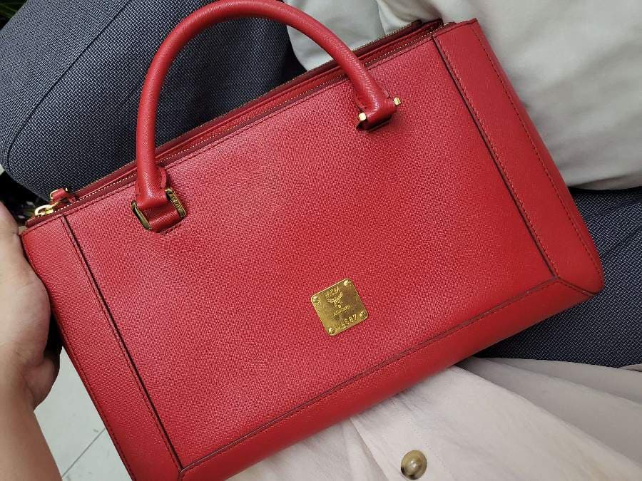 MCM Red Leather Satchel and Wallet Combo