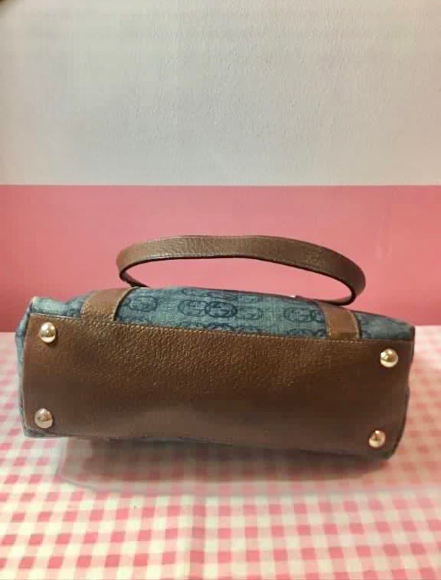 Gucci Navy Blue/Brown Monogram Denim and Leather Tote thumbnail 5