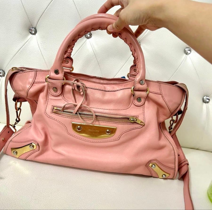 Balenciaga Pink Leather Metal Plate City Handbag