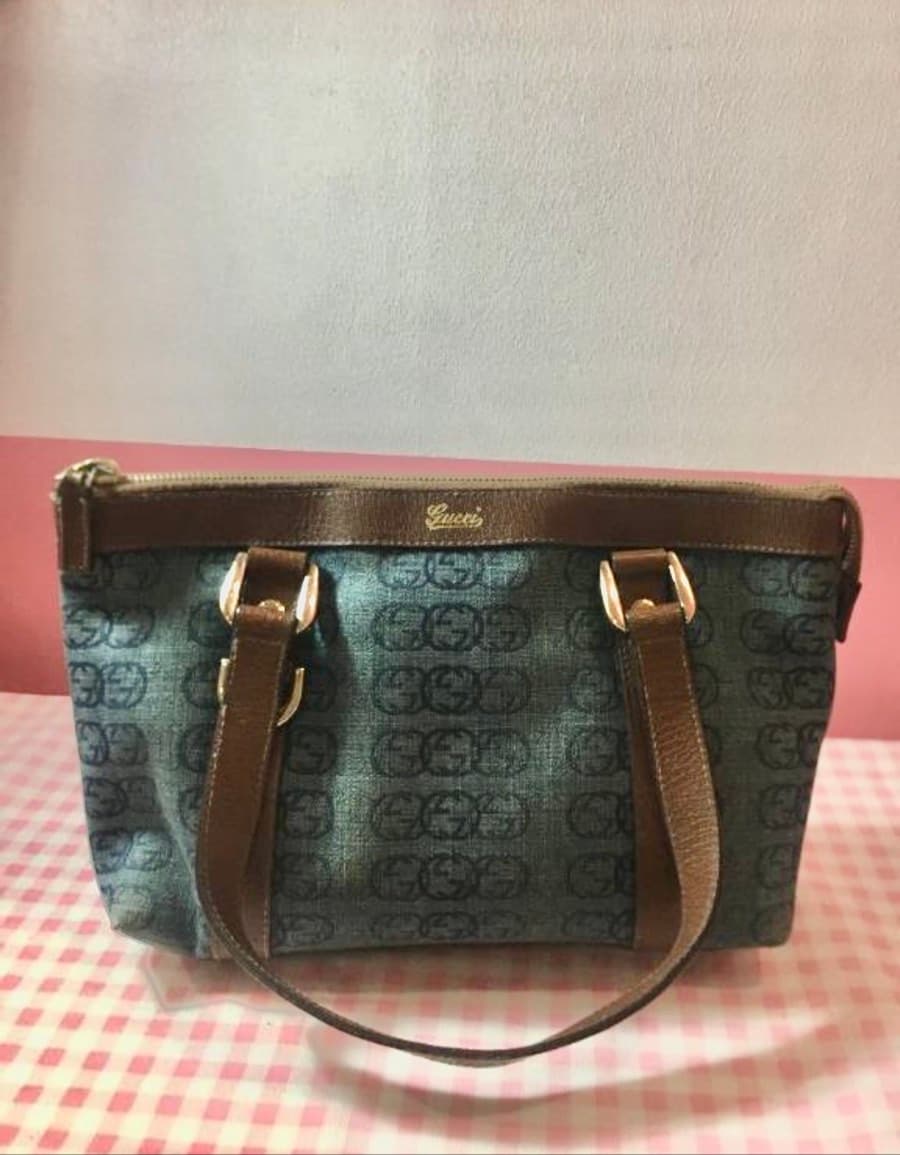 Gucci Navy Blue/Brown Monogram Denim and Leather Tote thumbnail 2