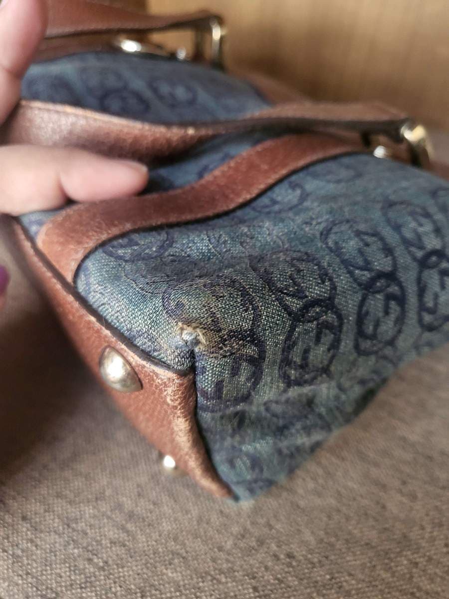 Gucci Navy Blue/Brown Monogram Denim and Leather Tote thumbnail 7