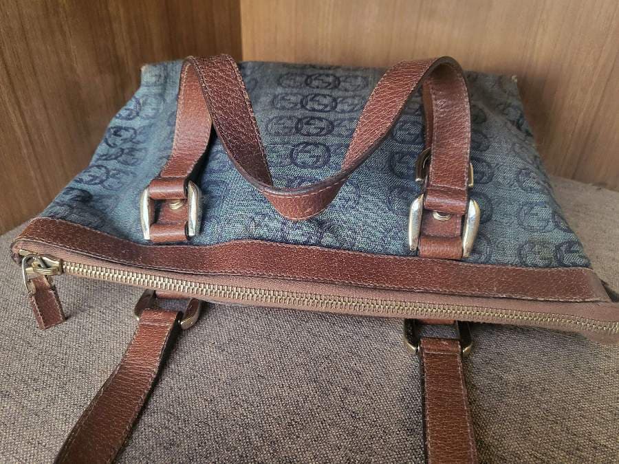 Gucci Navy Blue/Brown Monogram Denim and Leather Tote thumbnail 6
