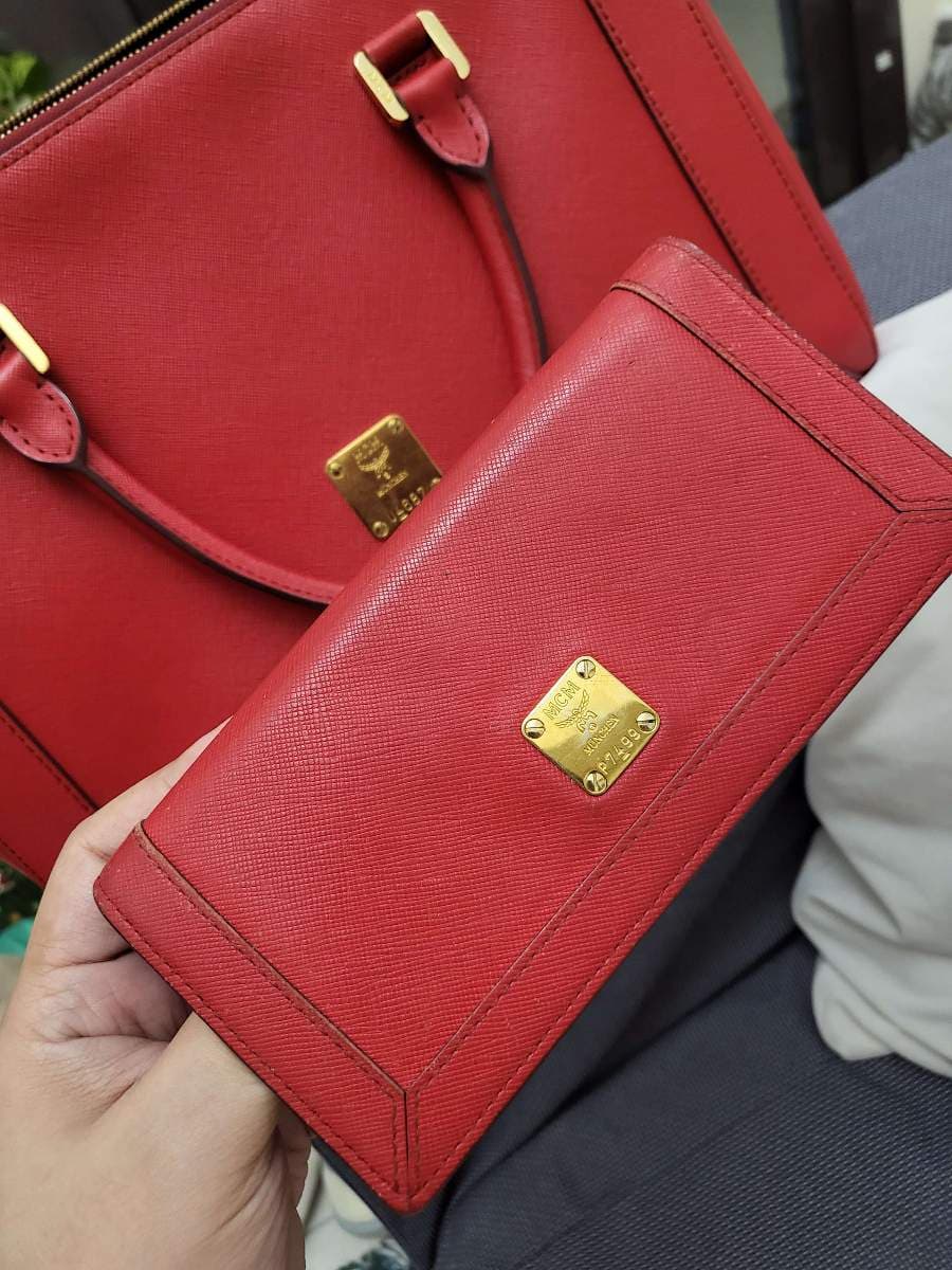 MCM Red Leather Satchel and Wallet Combo thumbnail 7