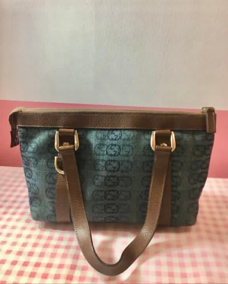 Gucci Navy Blue/Brown Monogram Denim and Leather Tote thumbnail 3