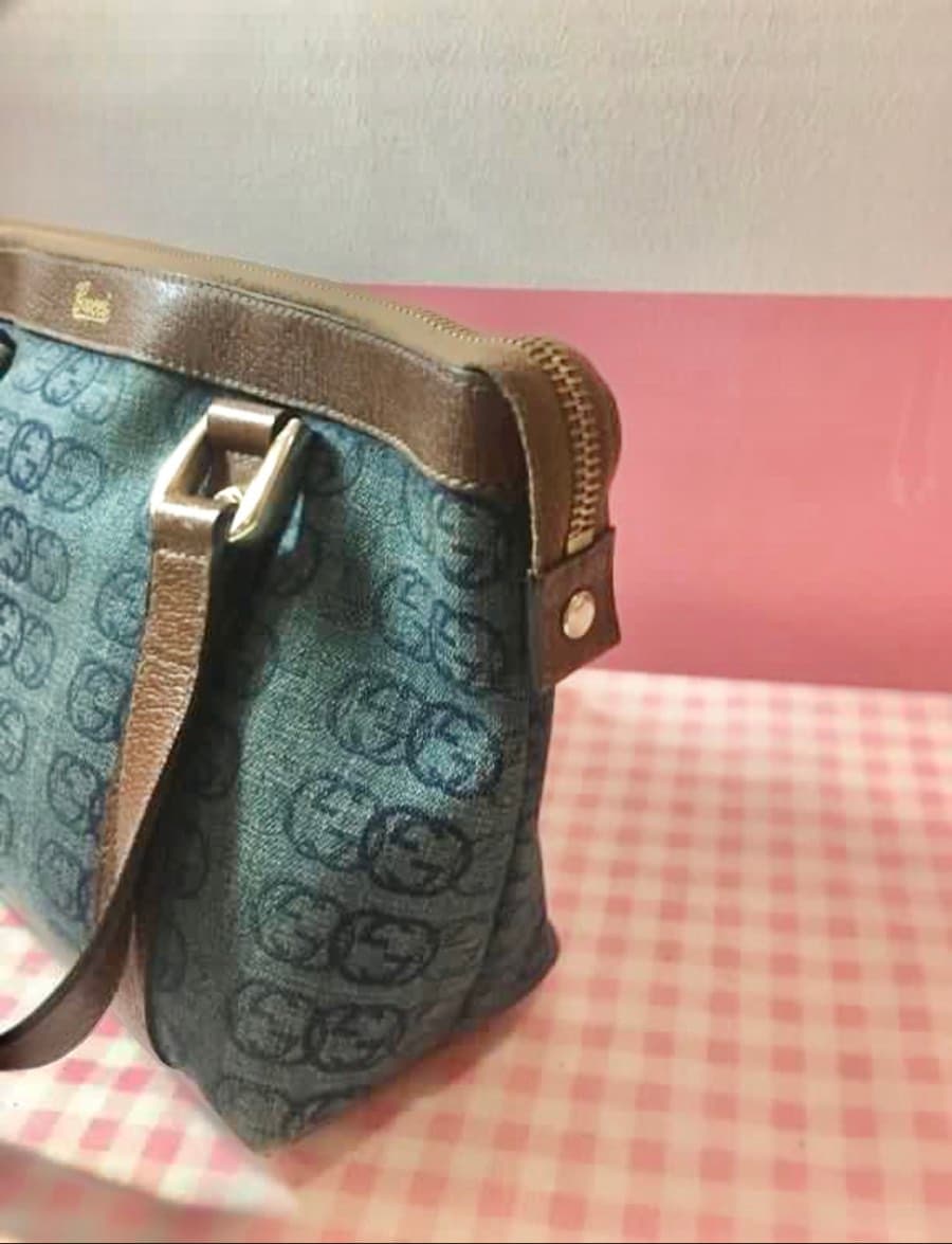 Gucci Navy Blue/Brown Monogram Denim and Leather Tote thumbnail 4