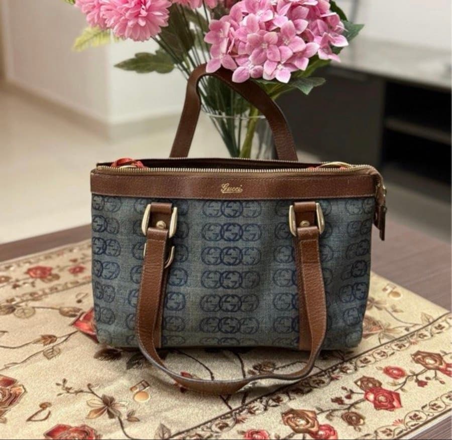 Gucci Navy Blue/Brown Monogram Denim and Leather Tote
