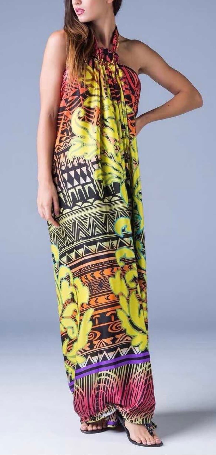 Printed Halter Neck Maxi Dress in silk - free size