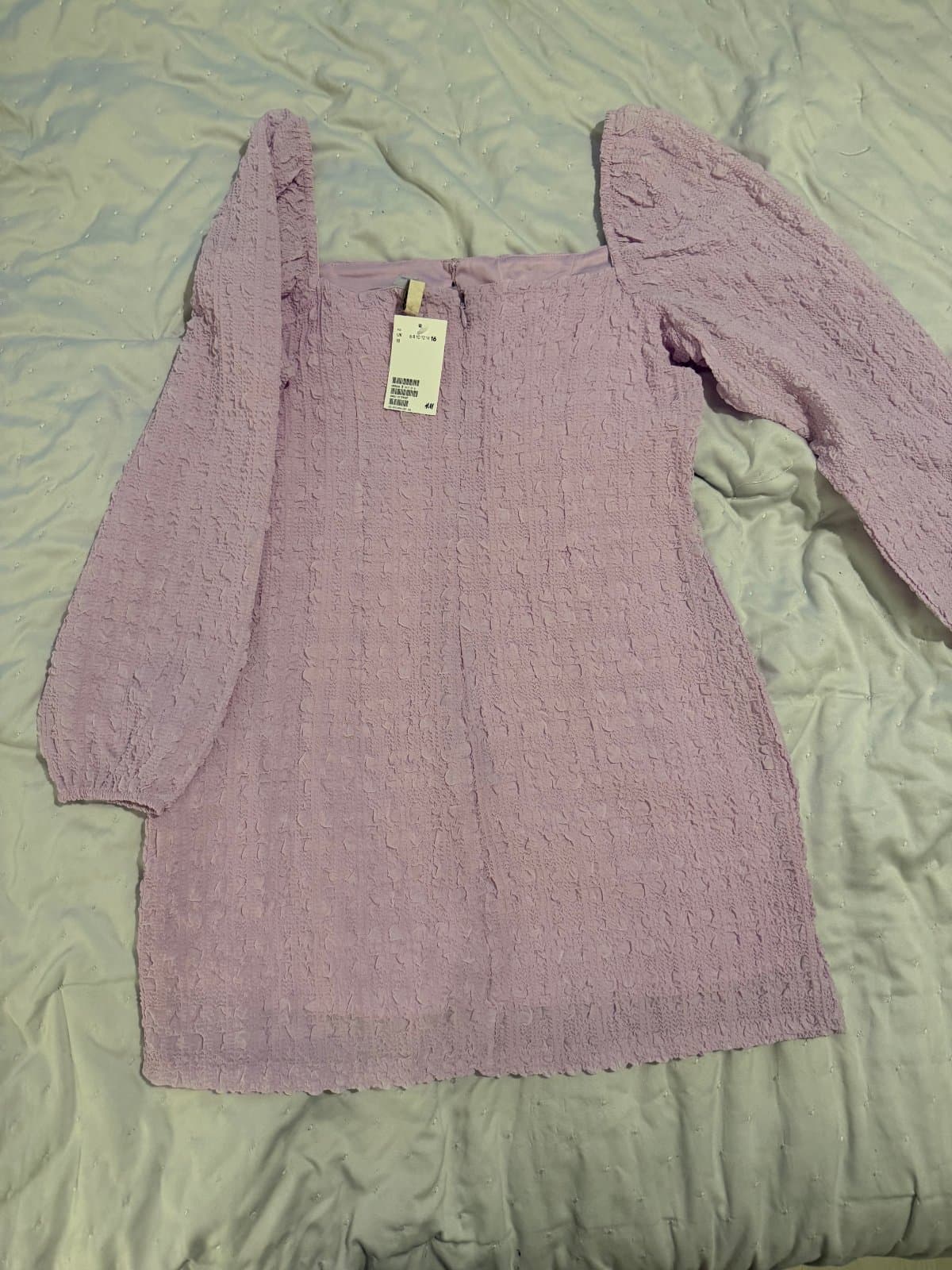 H&M Lilac Textured Mini Dress with Statement Sleeves – UK 16 – Brand New with Tags - image 1