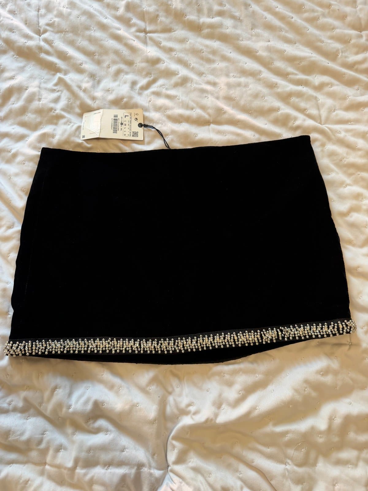 ZARA black velvet mini skirt with embellished beaded hem detailing. thumbnail 4