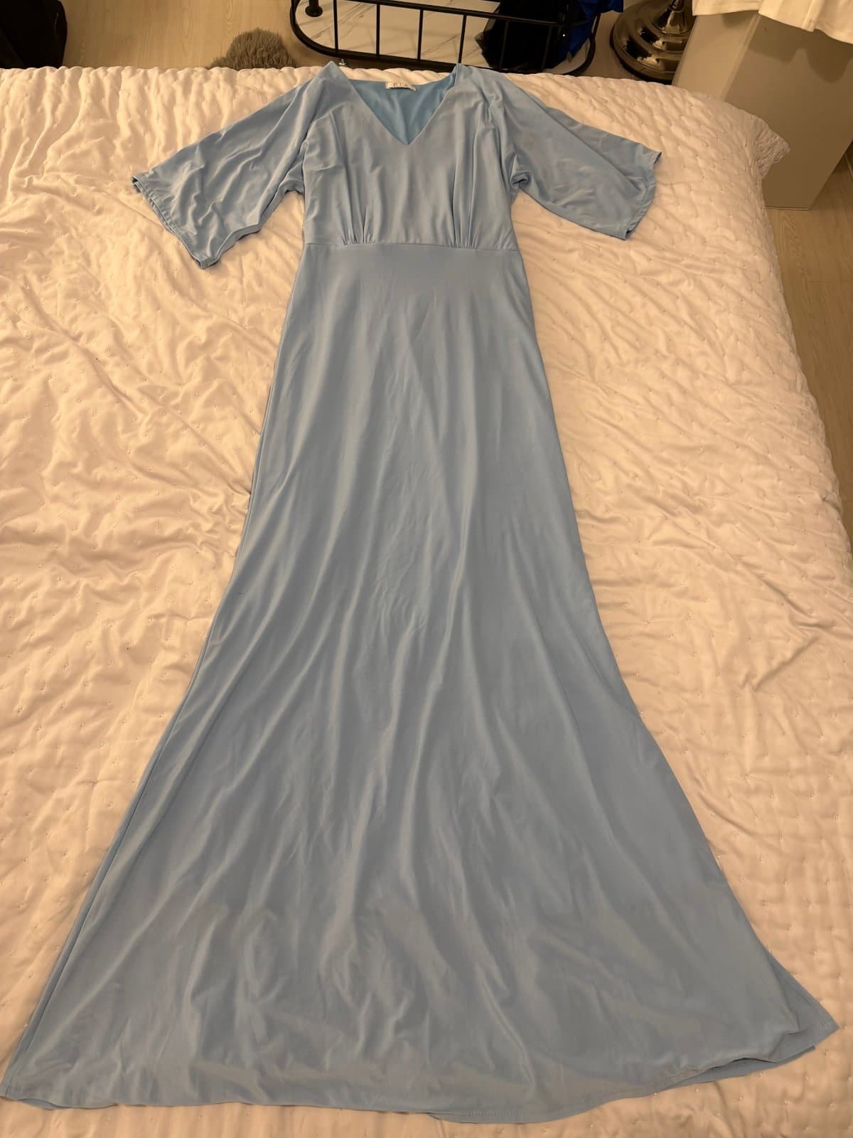 ELLA Light Blue Satin Maxi Dress – V-Neck Flared Sleeve thumbnail 3