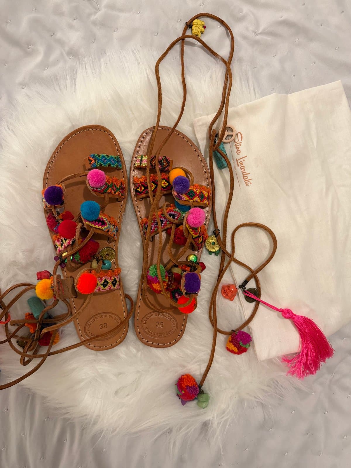 Elina Linardaki Multicolour Pom Pom Lace-Up Sandals – Size 38 – Made in Greece thumbnail 2
