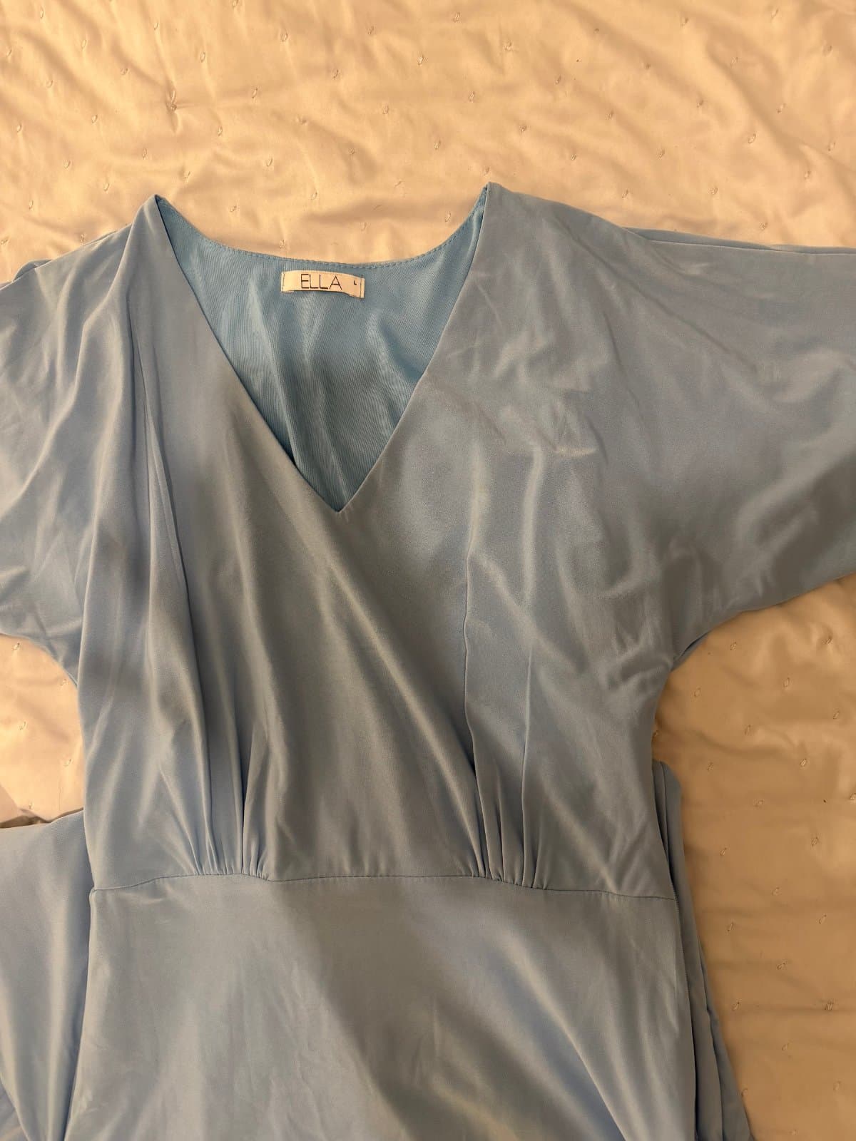 ELLA Light Blue Satin Maxi Dress – V-Neck Flared Sleeve thumbnail 2