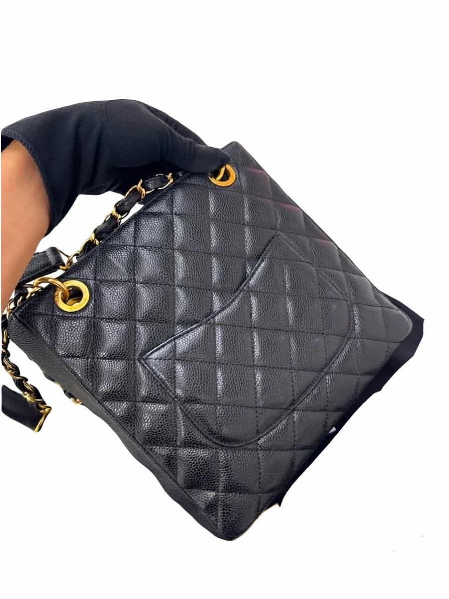 Chanel Petite Shopping Tote (PST) in black quilted caviar leather. thumbnail 2