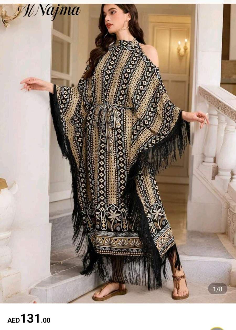 Printed Fringe Kaftan Dress