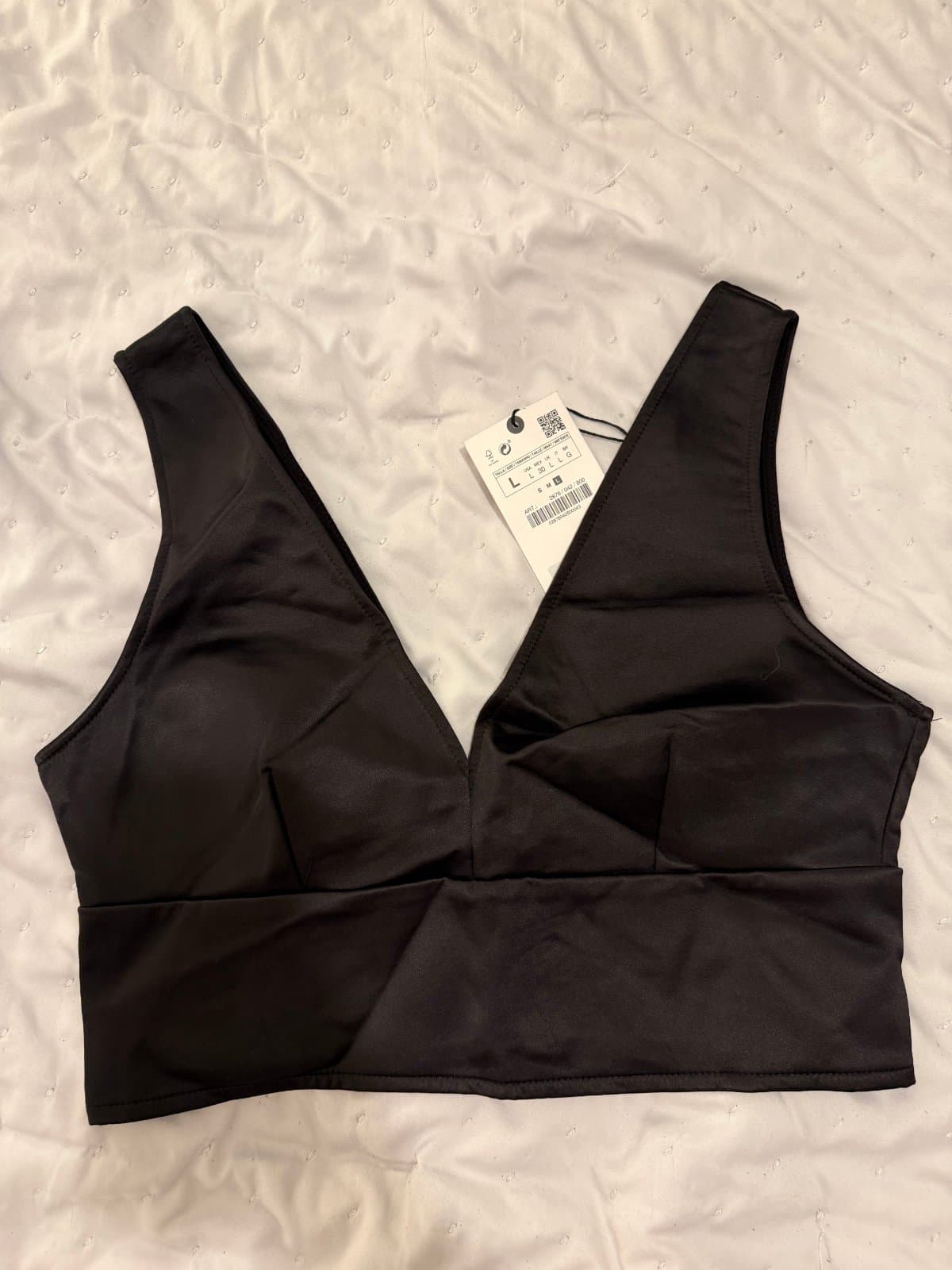 Zara Black Satin Plunge Crop Top – Size L – New With Tags thumbnail 3