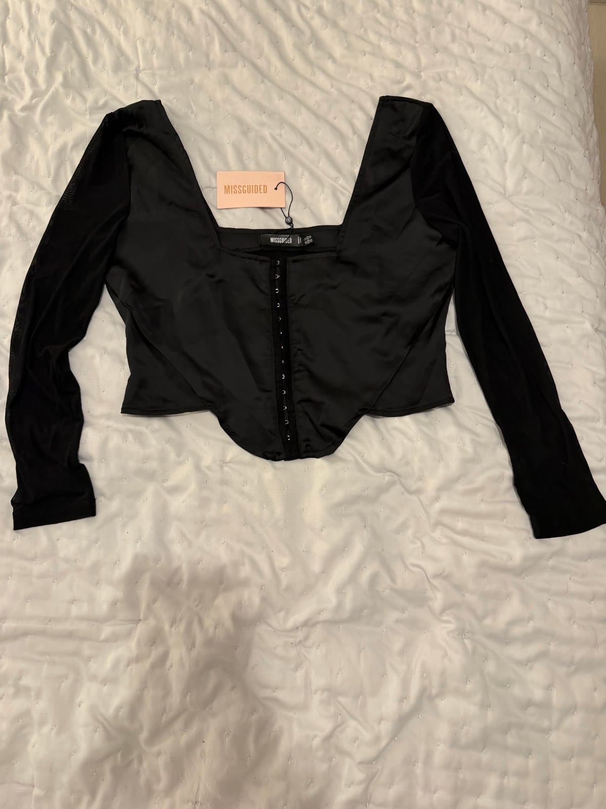 Missguided Black Satin Corset Top with Sheer Sleeves – Size 12 🖤 thumbnail 3