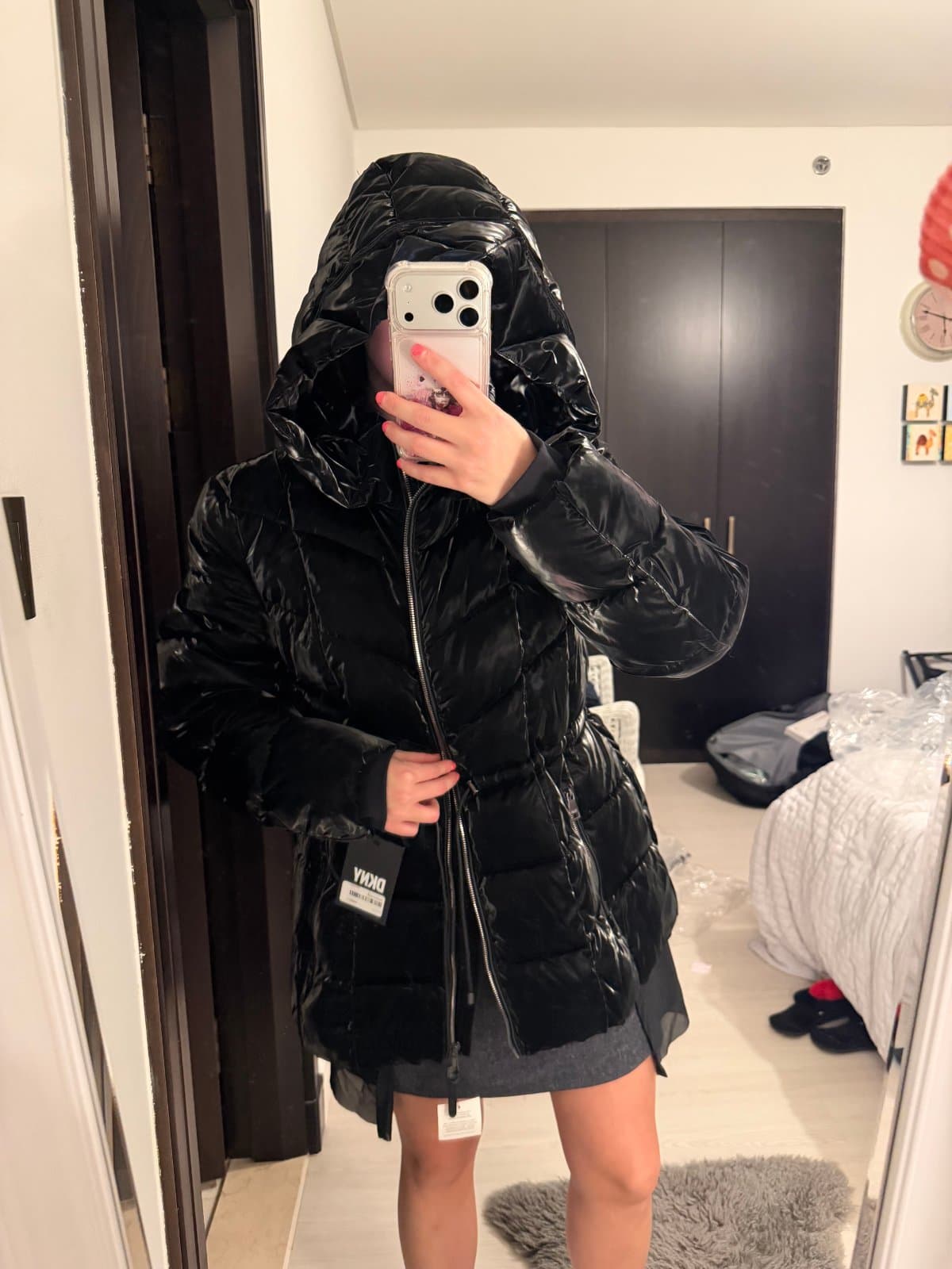 DKNY Black High-Shine Hooded Puffer Coat – Water Resistant – XL thumbnail 4