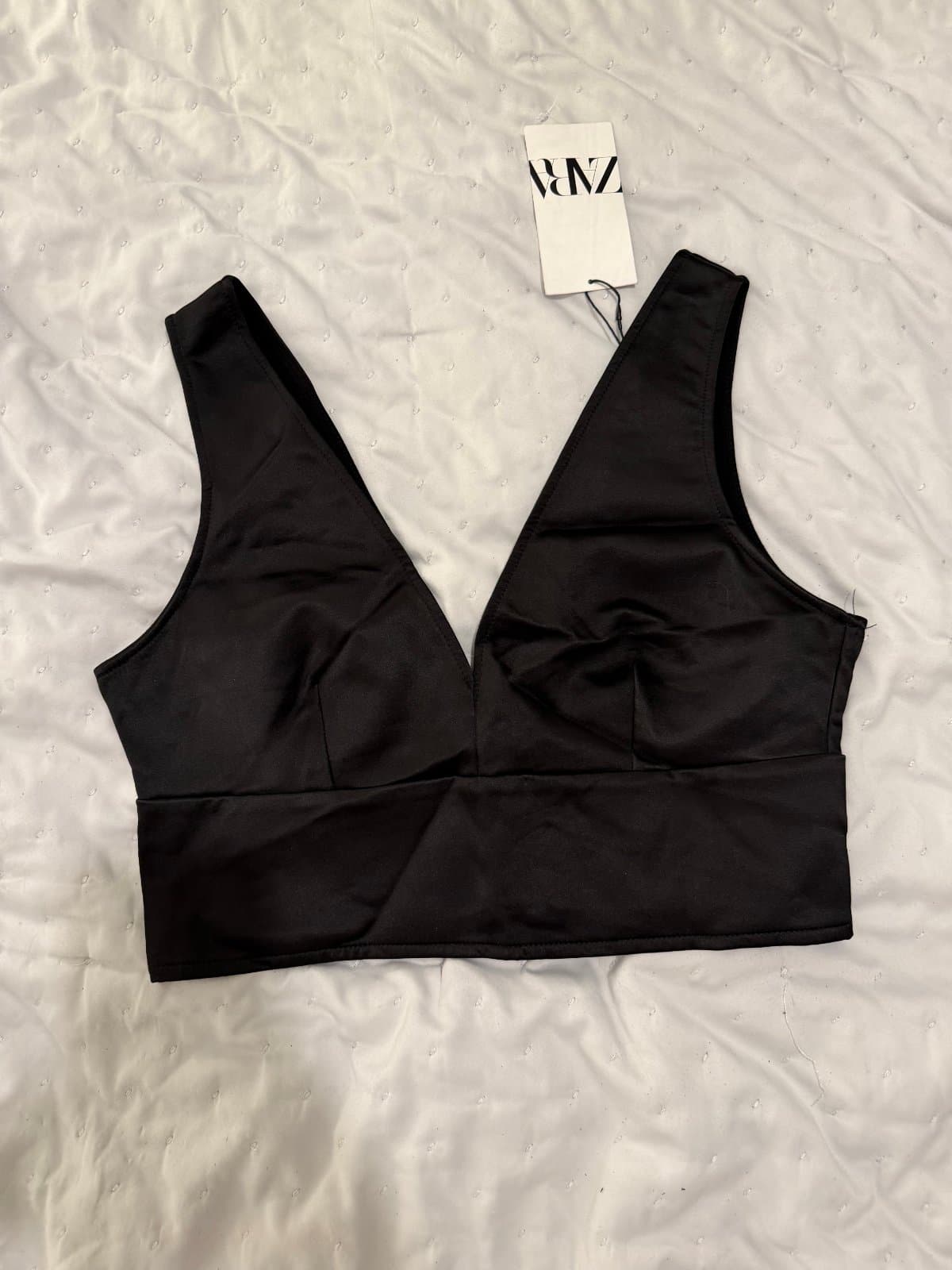 Zara Black Satin Plunge Crop Top – Size L – New With Tags thumbnail 4
