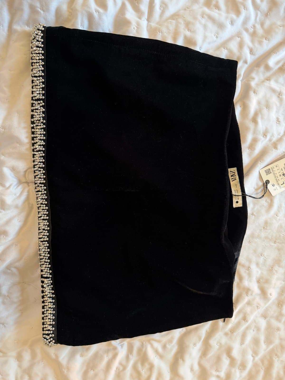 ZARA black velvet mini skirt with embellished beaded hem detailing. thumbnail 3