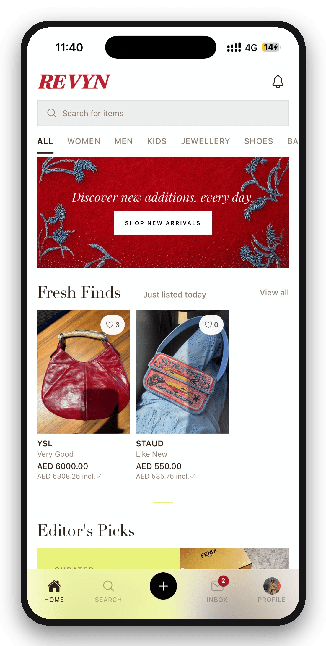Revyn home feed with fresh finds