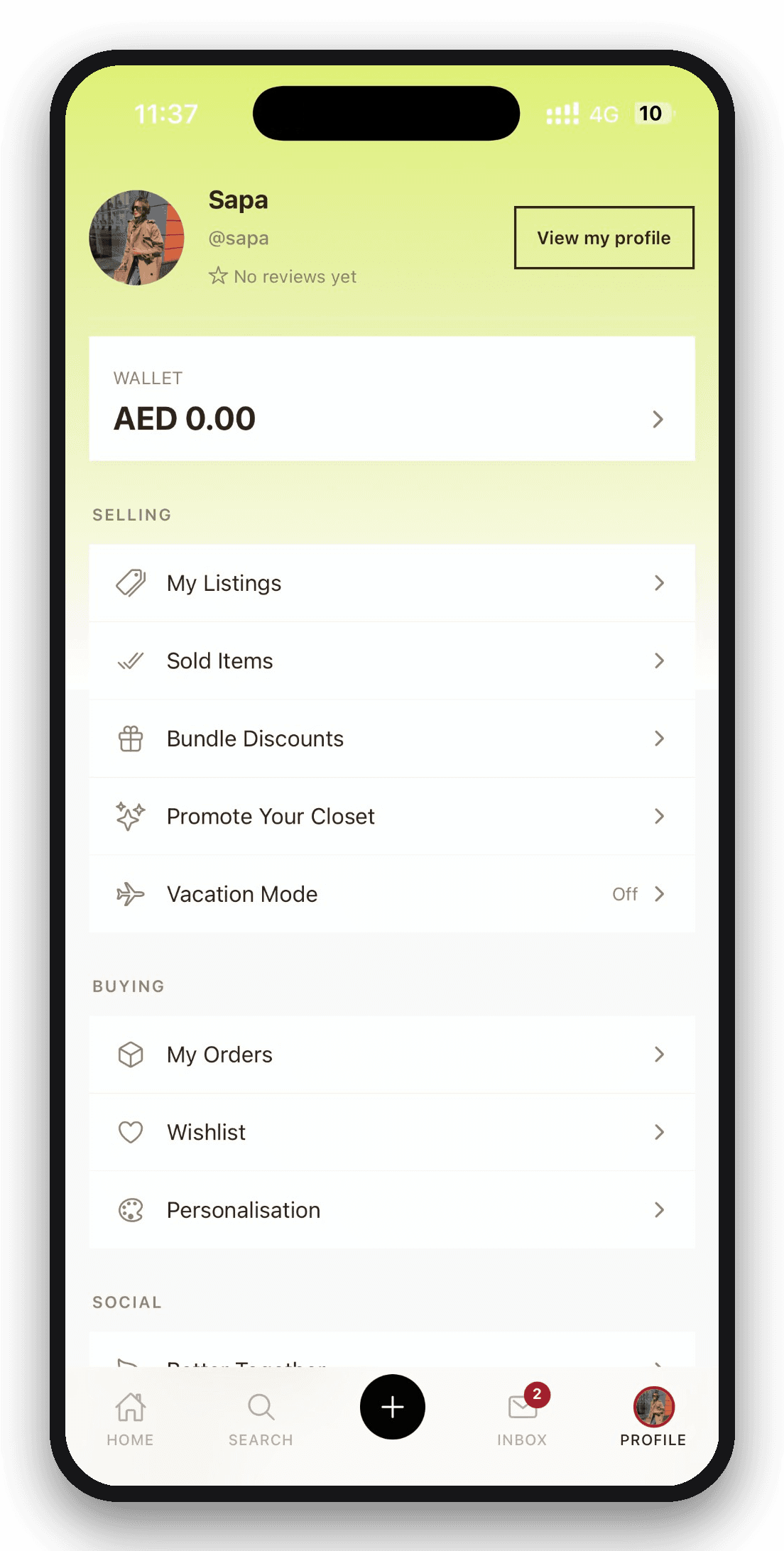 Seller profile with wallet and menu