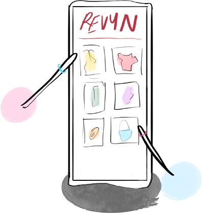 Hand-drawn phone showing the Revyn app