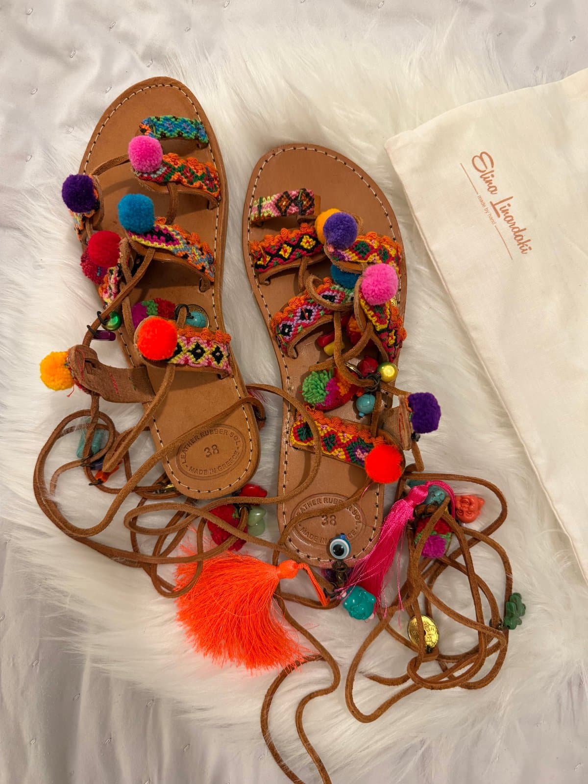 Elina Linardaki Multicolour Pom Pom Lace-Up Sandals – Size 38 – Made in Greece - image 1