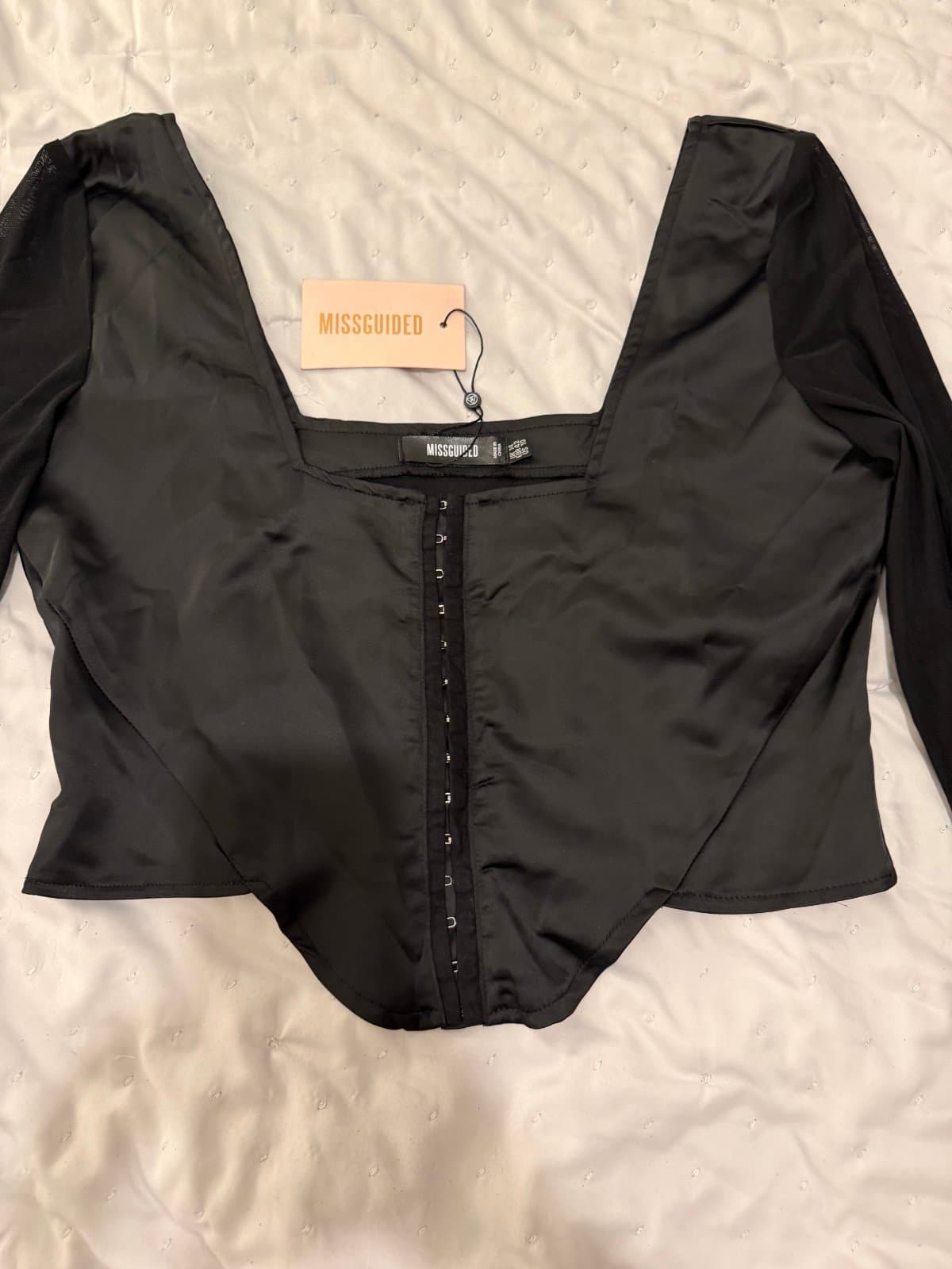Missguided Black Satin Corset Top with Sheer Sleeves – Size 12 🖤 - image 1