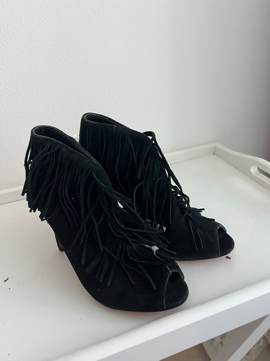Black Suede Fringe Peep-Toe Booties