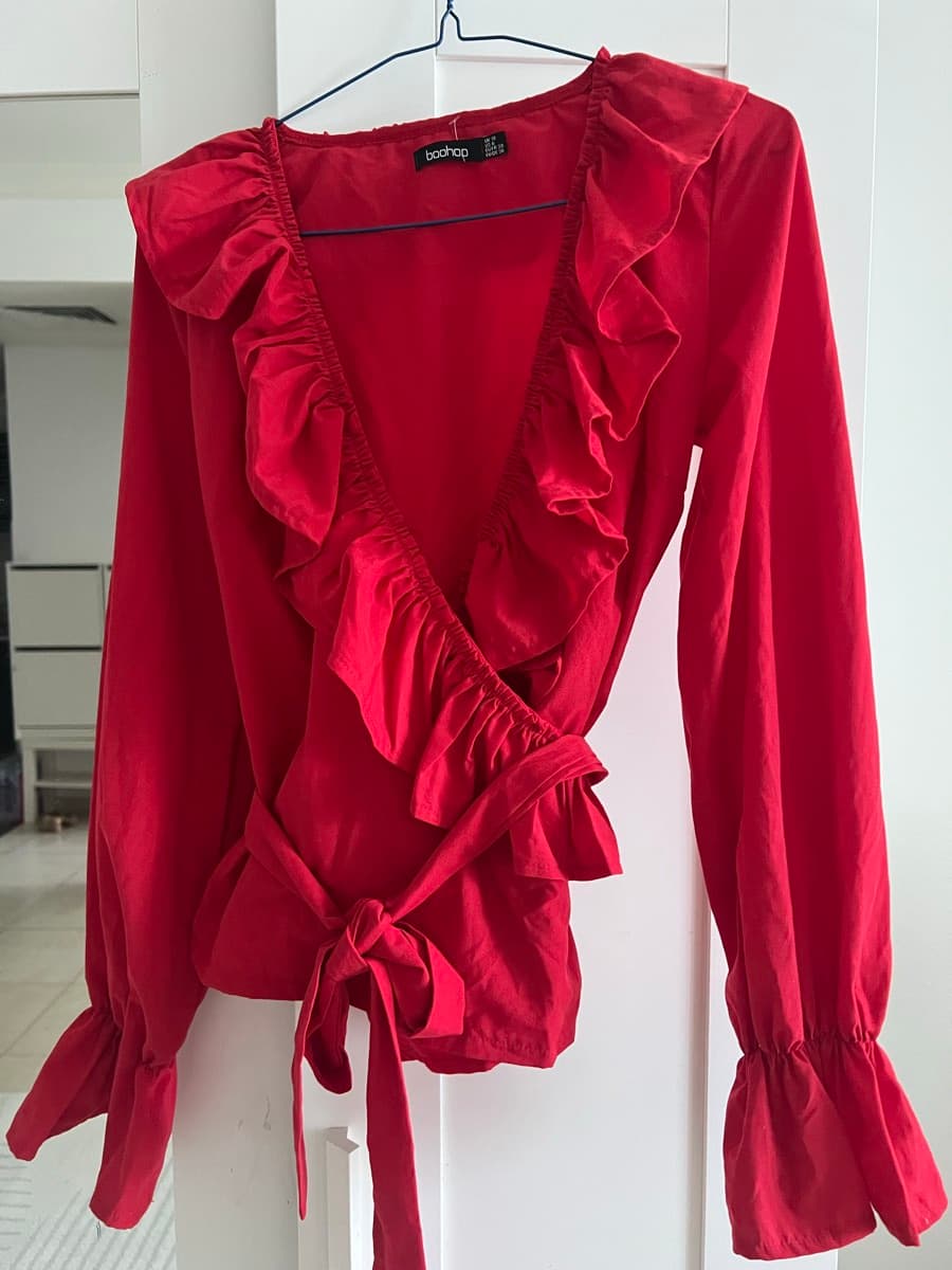 Boohoo Red Ruffle Blouse