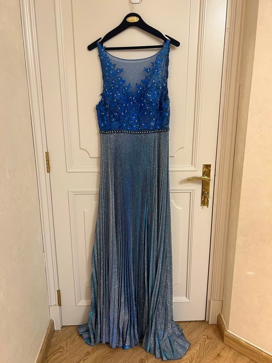 Impero Couture Evening Gown – Blue Embellished Maxi Dress – New with Tags