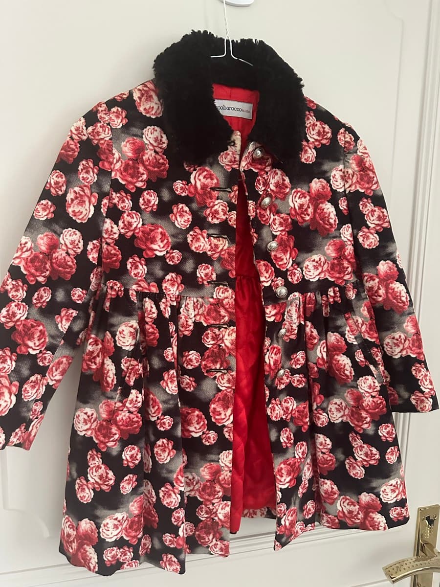 Roccobarocco Kids Floral Coat – Made in Italy – Fur Collar – Girls Age 6 - image 1