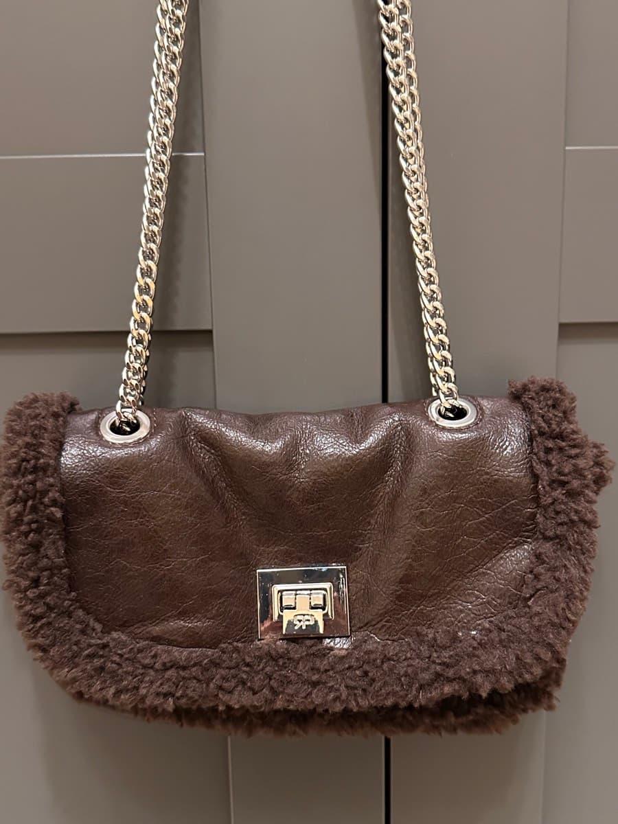 Brown Leather Shearling Shoulder Bag