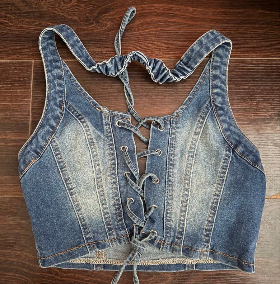 Denim Lace-Up Halter Neck Corset Top Ovetlr Top - image 1